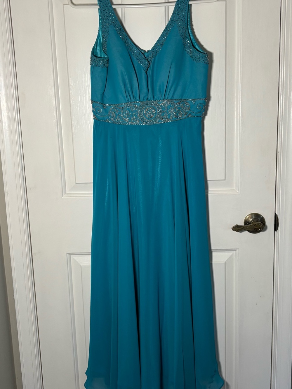Nina Canacci Turquoise Beaded V-Neck Evening Gown Maxi Dress